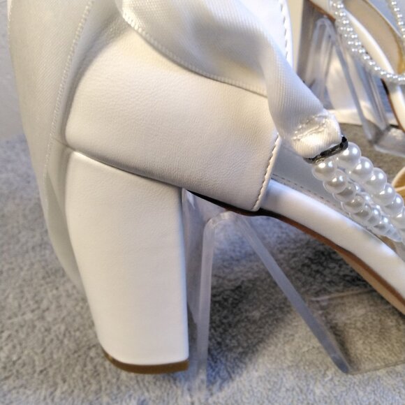 Adorose White Satin Heels Block with Pearl Ankle Straps Size 10 with Bow Bridal - Picture 8 of 14